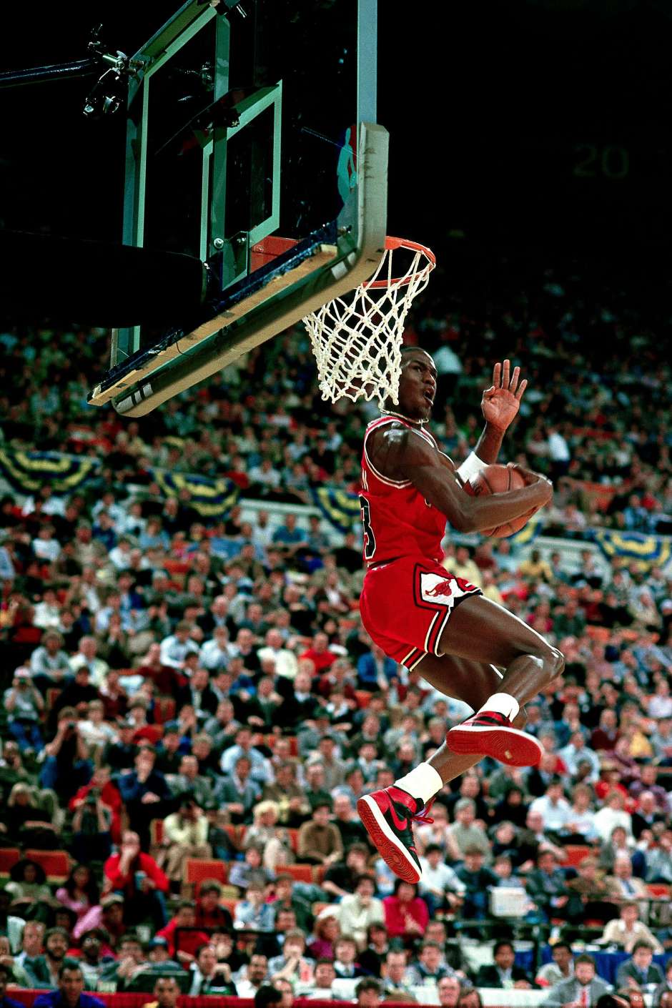 Michael Jordan competes in the NBA All Star Slam Dunk Competition